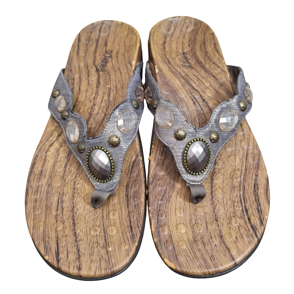 Orthaheel Womens Orthotic Thong Sandals Silver Embellished Wood Grain Size 12M